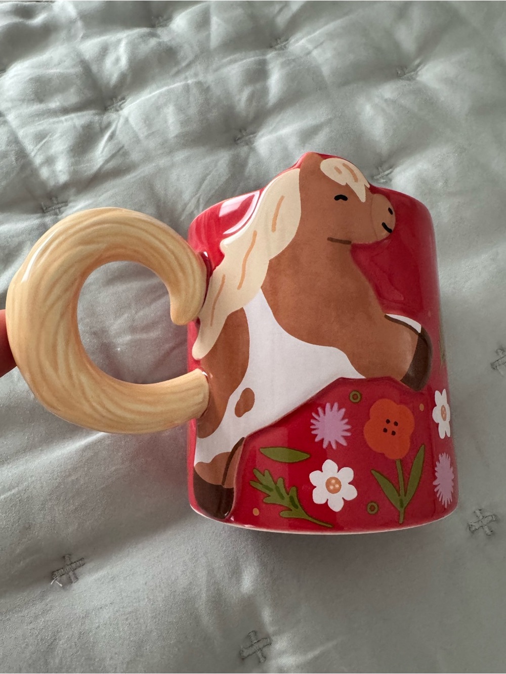 Starbucks NWT Red Floral Horse Ceramic Mug with Curled Tan Handle